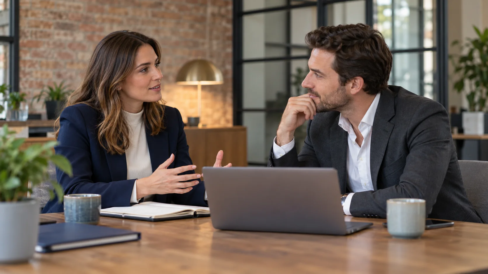 Two colleagues in conversation across an oak table with a laptop and a notebook. AI-generated concept image.