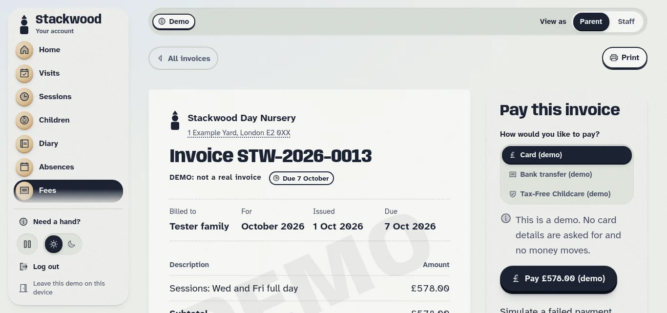 An invoice marked as a demo, with card, bank transfer and Tax-Free Childcare payment options, each labelled demo, and a note that no money moves.