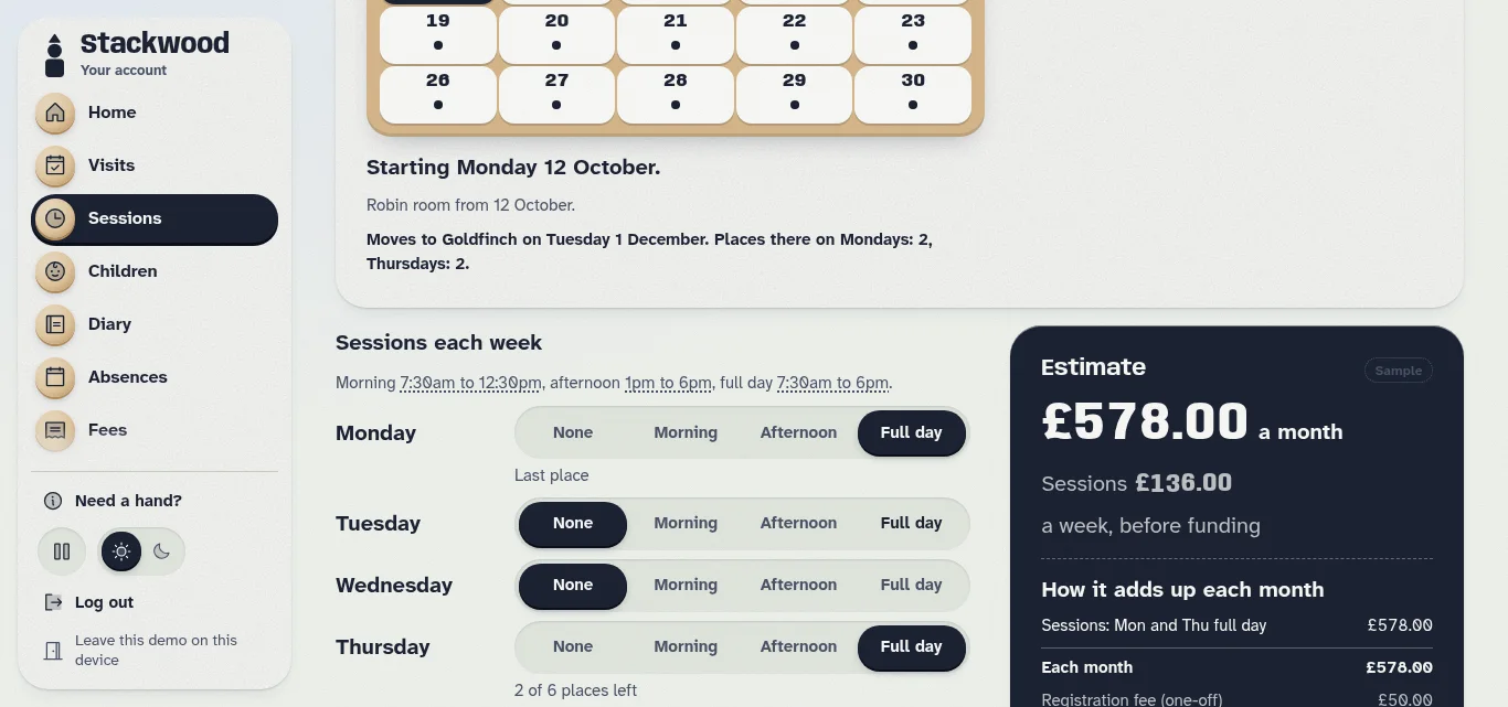 The session planner: a calendar, a choice of none, morning, afternoon or full day for each weekday, and a running monthly estimate.